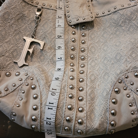 GIANFRANCO FERRE STUDDED LEATHER DRAWSTRING SHOULDER PURSE - Picture 12 of 13